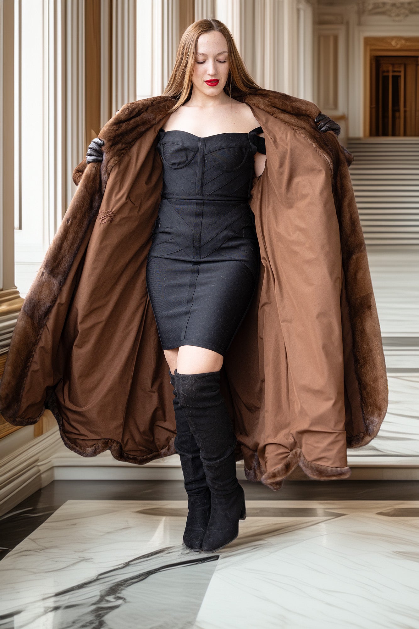 Brown mink fur full-length coat with open front, wide collar, and long sleeves