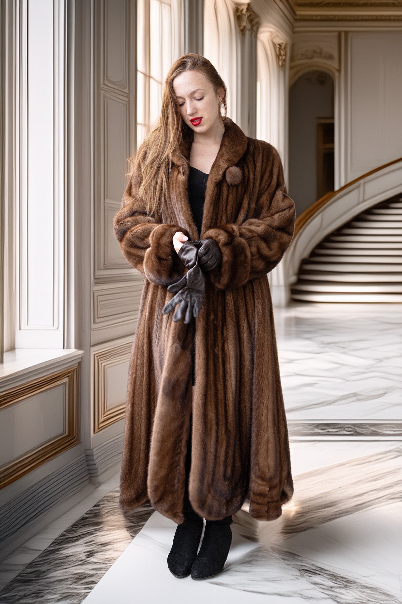 Brown mink fur full-length coat with buttoned front, wide collar, and textured cuffs