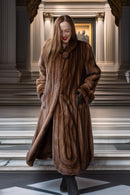 Brown mink fur coat with round collar and center-front button detail