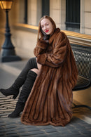 Brown mink fur coat with large collar detail, thick fur texture, full-length hem
