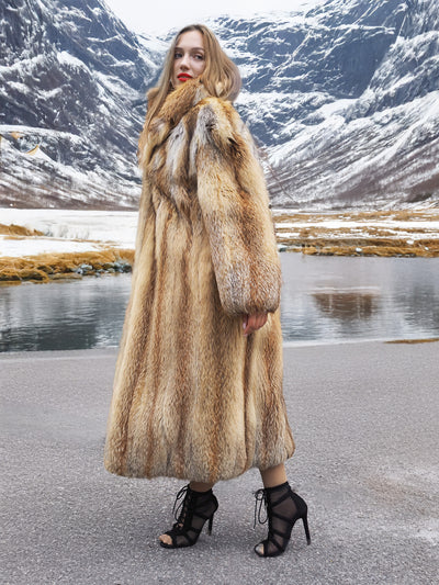 Red fox coat with mountain and lake view