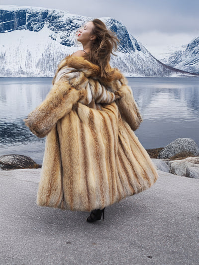 Red fox coat with scenic mountain view