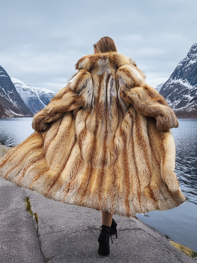 Back view of red fox coat by lake