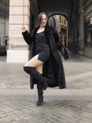 Midnight Sonata black mink coat paired with a black mini dress, blending modern glamour with classic fur fashion.