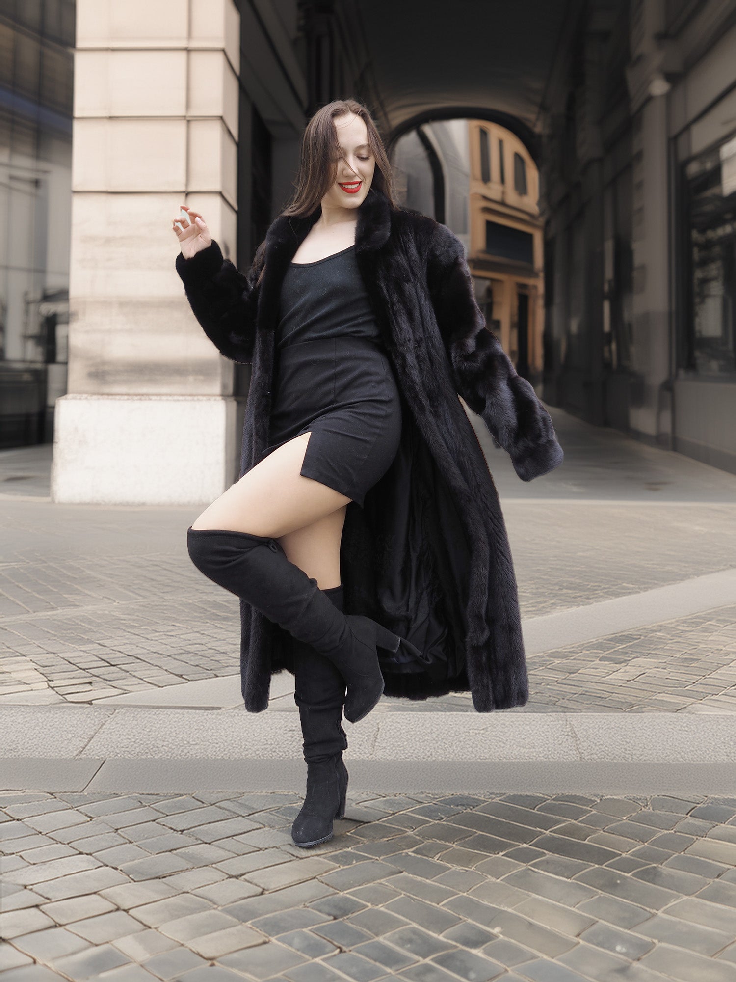 Midnight Sonata black mink coat paired with a black mini dress, blending modern glamour with classic fur fashion.