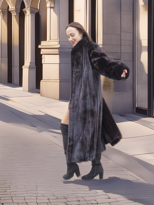 Midnight Sonata black mink coat in motion on city street, capturing the elegance and fluidity of luxury fur fashion.