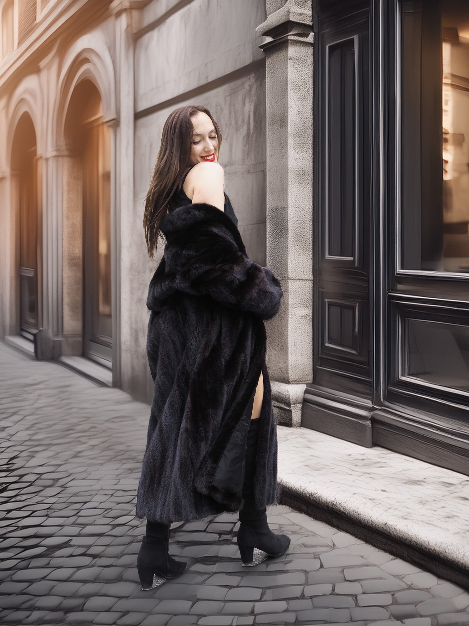 Model in Midnight Sonata black mink coat walking on cobblestone street, showcasing luxury fur outerwear with confident elegance.