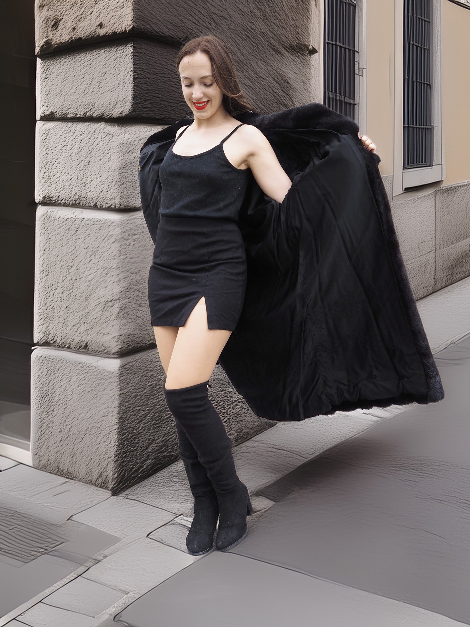 Midnight Sonata black mink coat open to reveal a sleek black outfit, combining luxury fur with modern fashion flair.