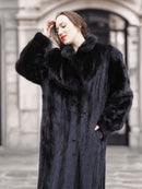 Close-up of Midnight Sonata black mink coat for women, featuring plush fur texture and classic collar for winter elegance.