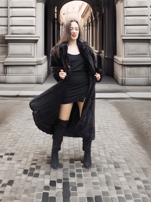 Midnight Sonata black mink coat open to reveal a chic black dress, blending luxury fur with contemporary fashion appeal.