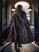 Person wearing a long fur coat walking through an archway on a sunlit street.