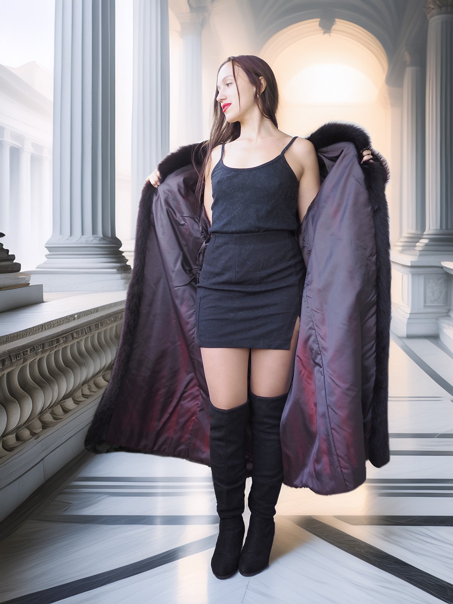 Woman holding a large purple coat in an elegant interior setting