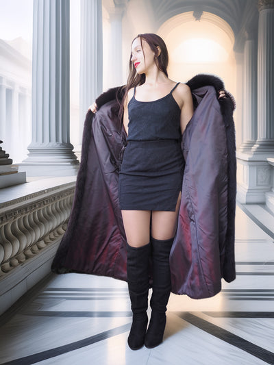 Woman holding a large purple coat in an elegant interior setting