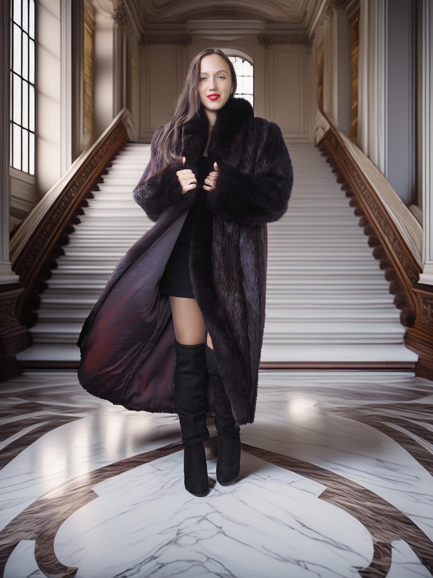 “The Duchess Nocturne”– Long Haired Beaver Fur Coat with Luxe Fox Trim