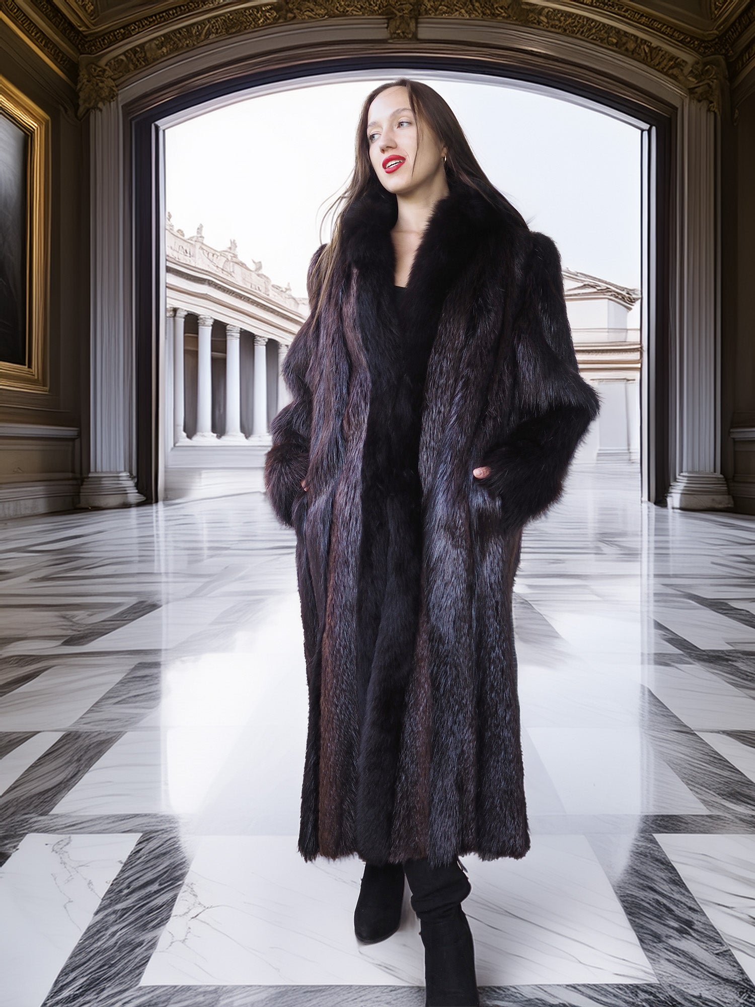 Woman wearing a long dark fur coat in an elegant interior setting with marble floors and classical architecture.