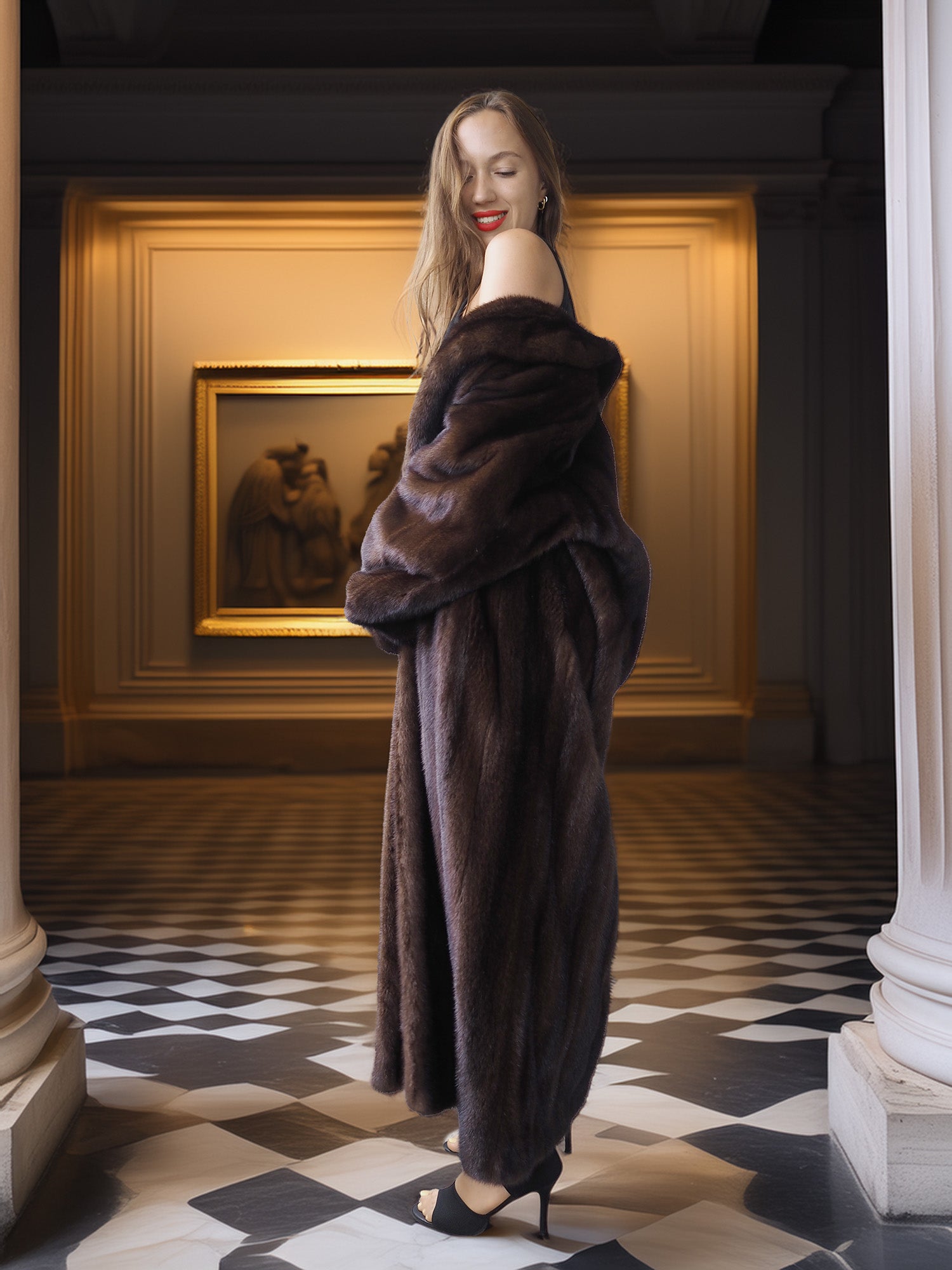 The Contessa – Long Mahogany Mink Fur Coat Modern Classic