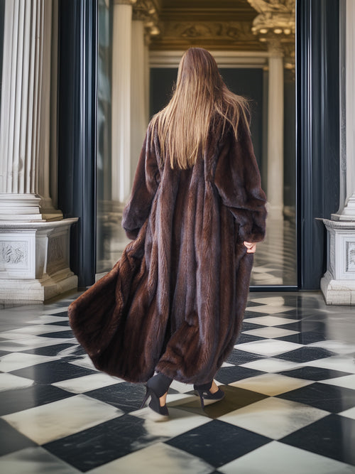 Person wearing a long brown fur coat standing in a grand hallway with columns and a checkered floor.