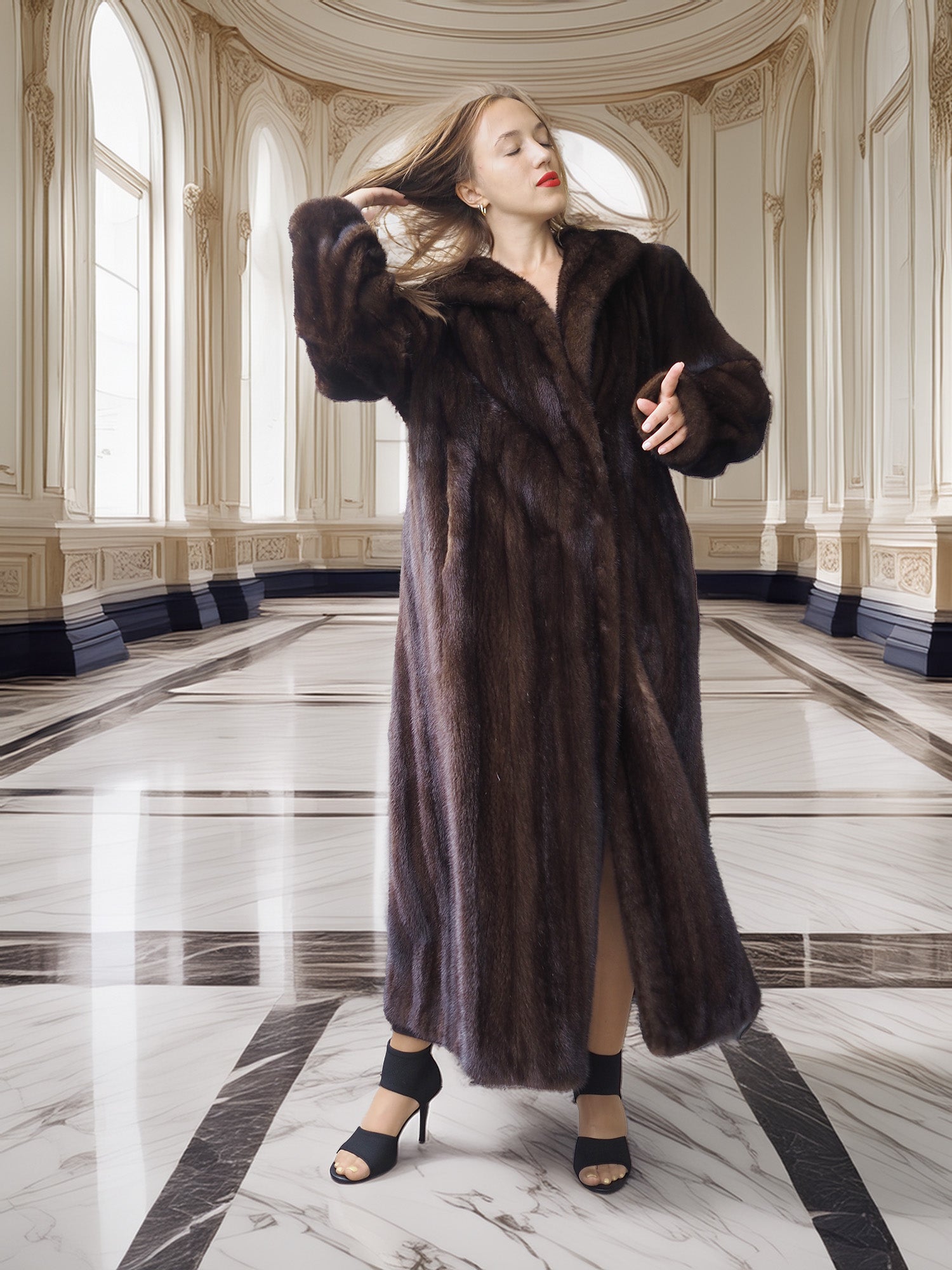 Woman wearing a fur coat in an elegant interior setting