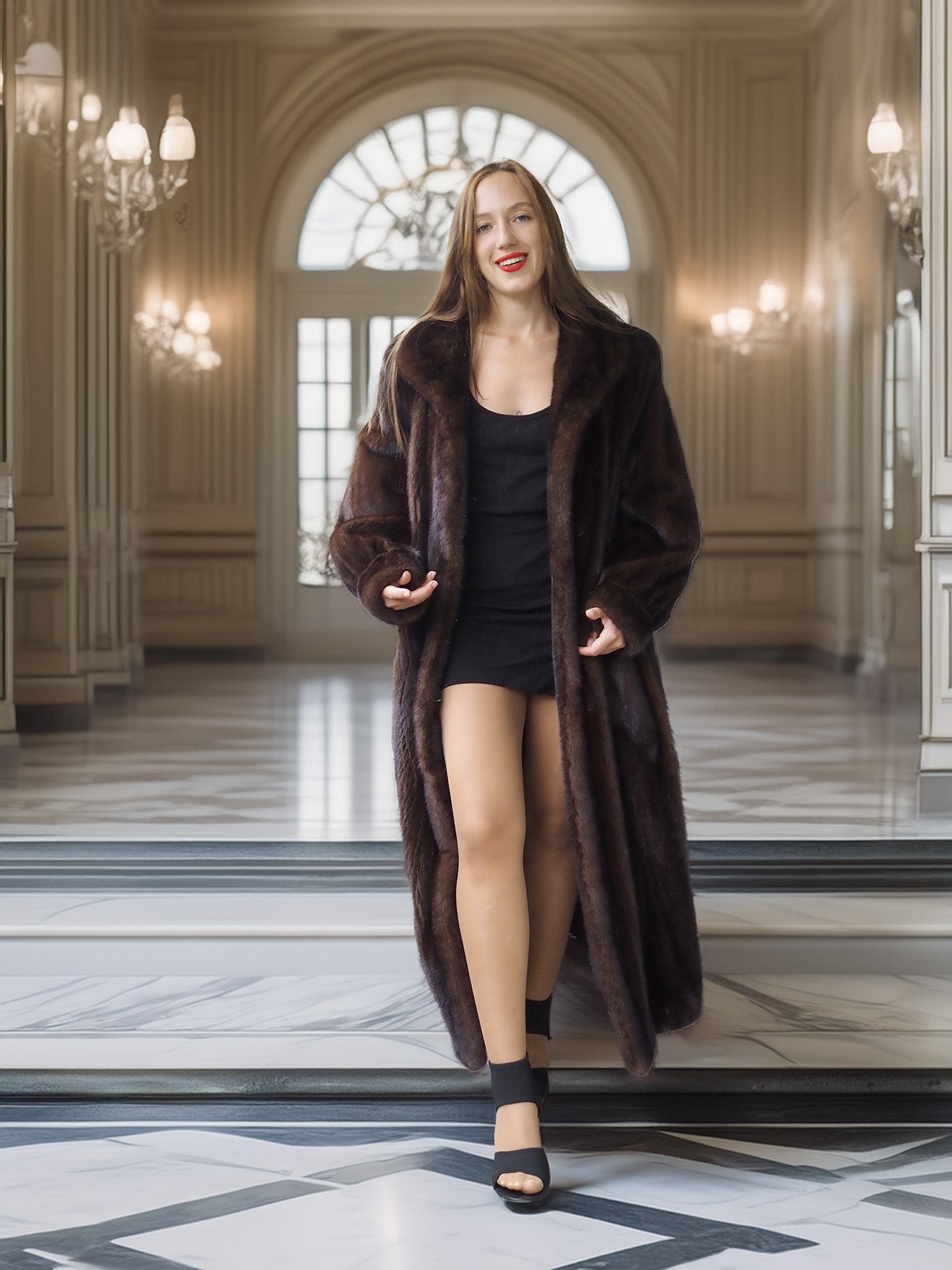 Woman in a long brown fur coat standing in an elegant interior setting.