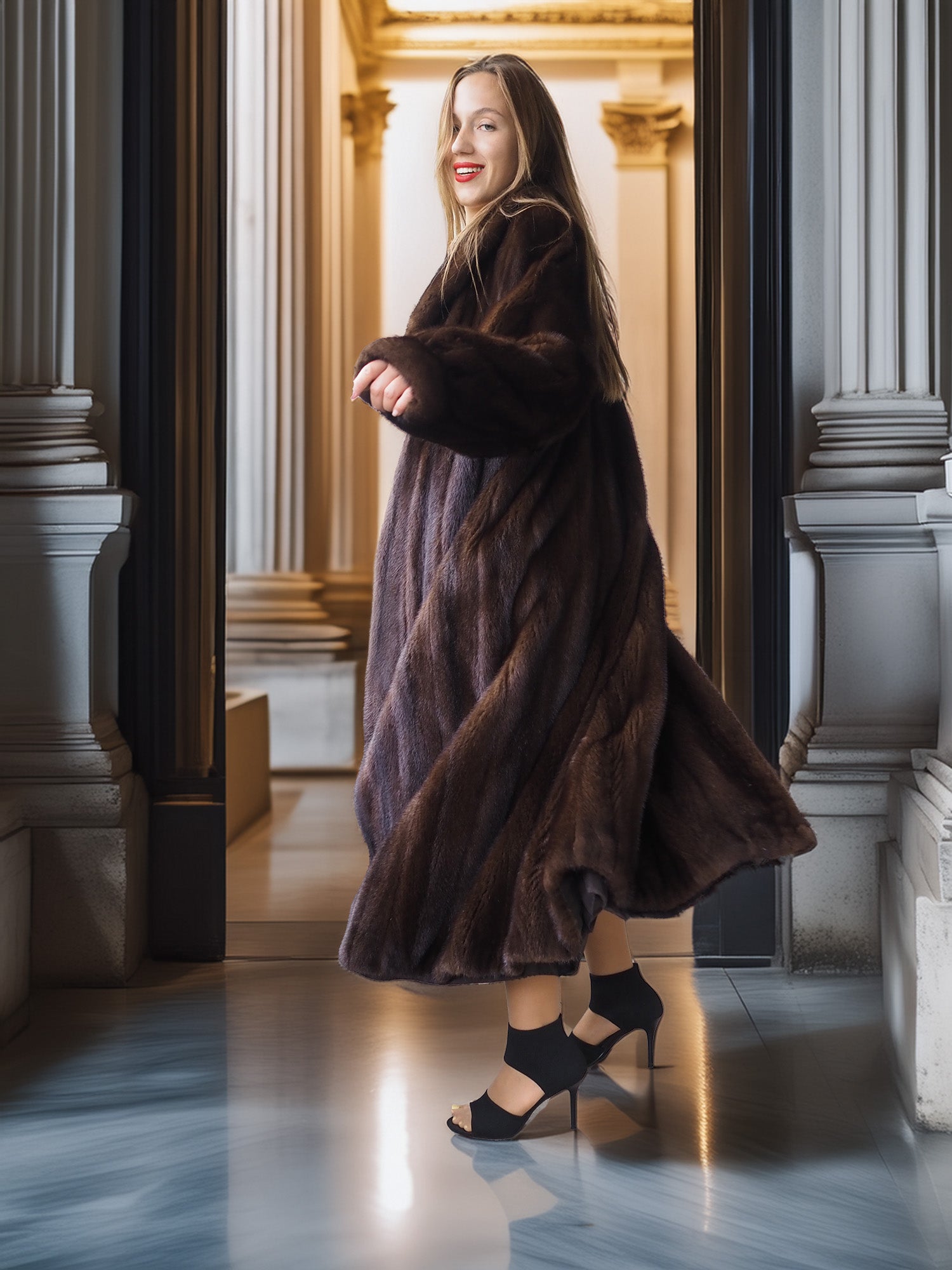 Woman in a long brown fur coat standing in an elegant interior setting.