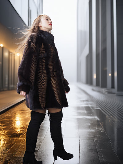 Woman in a dark coat and boots standing in a modern, possibly urban setting.