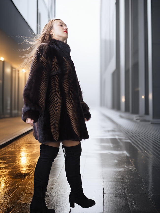 Woman in a dark coat and boots standing in a modern, possibly urban setting.