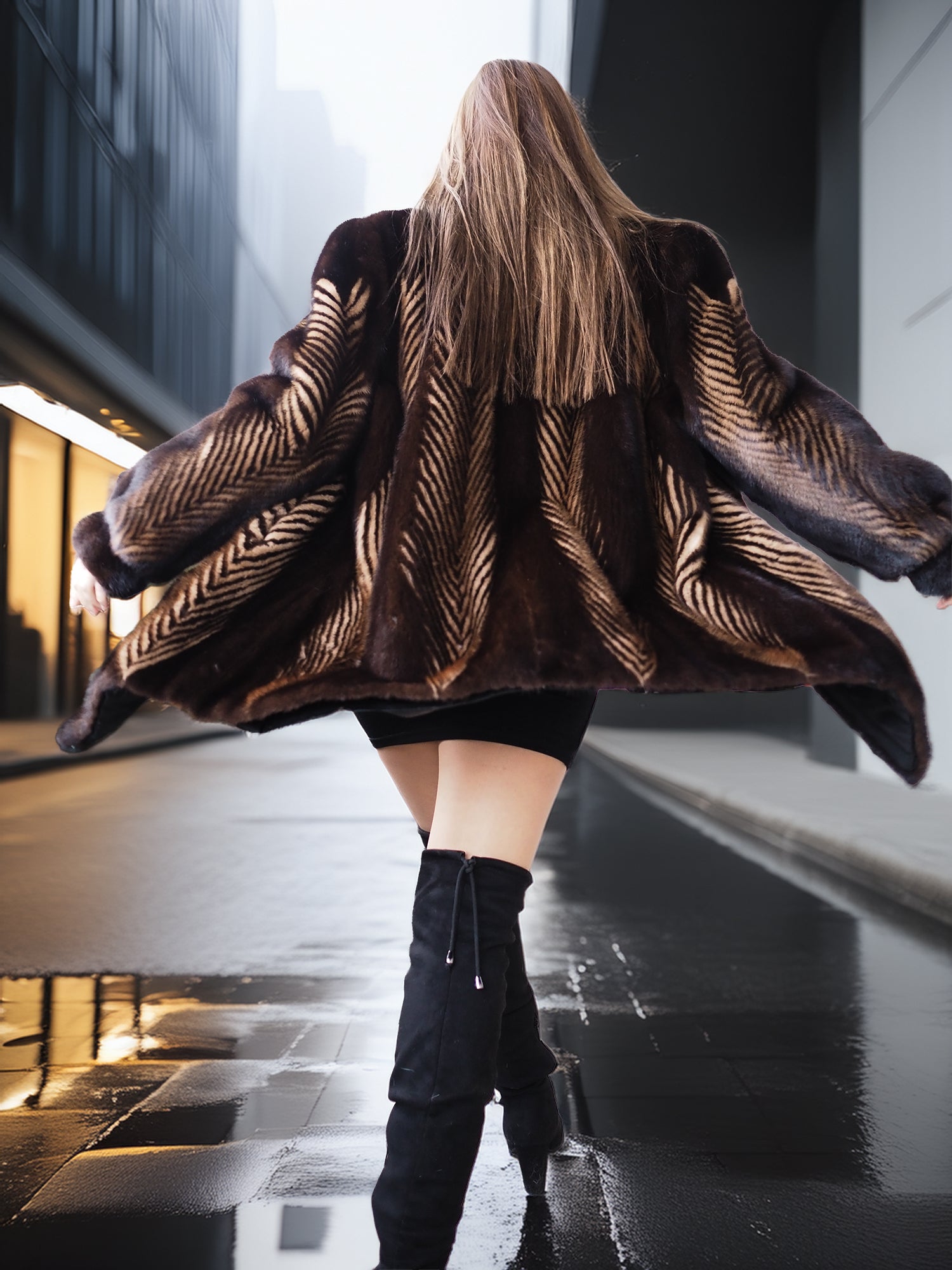 Person wearing a fur coat and black boots on a city street.