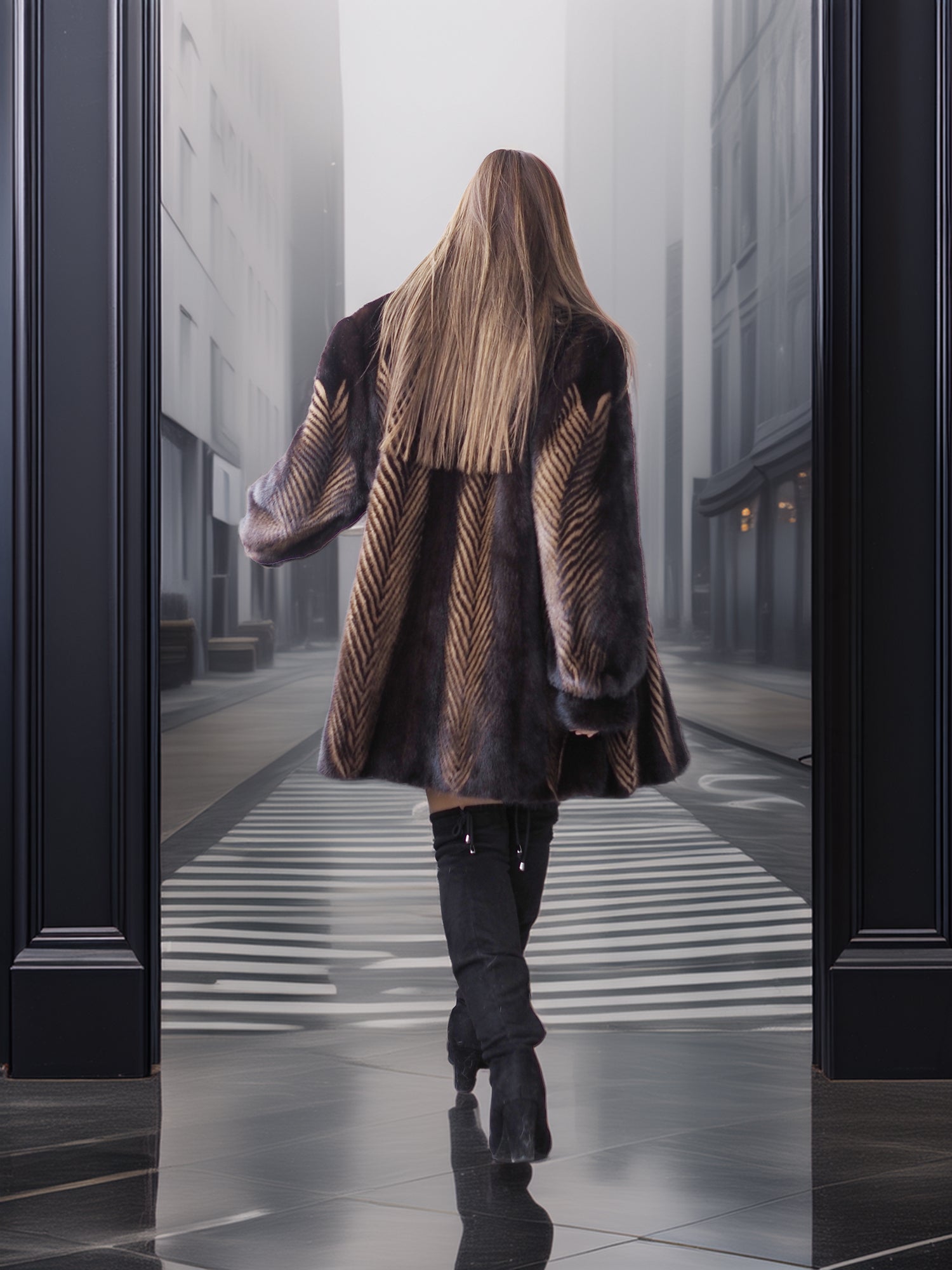 Person walking through a modern glass door into a city street