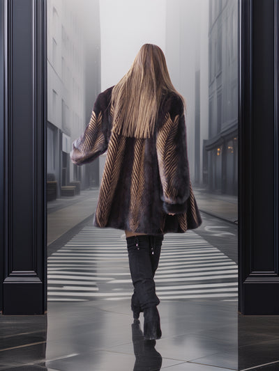 Person walking through a modern glass door into a city street