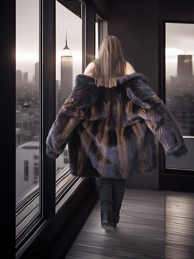 Person wearing a fur coat standing in front of a large window with a cityscape view.