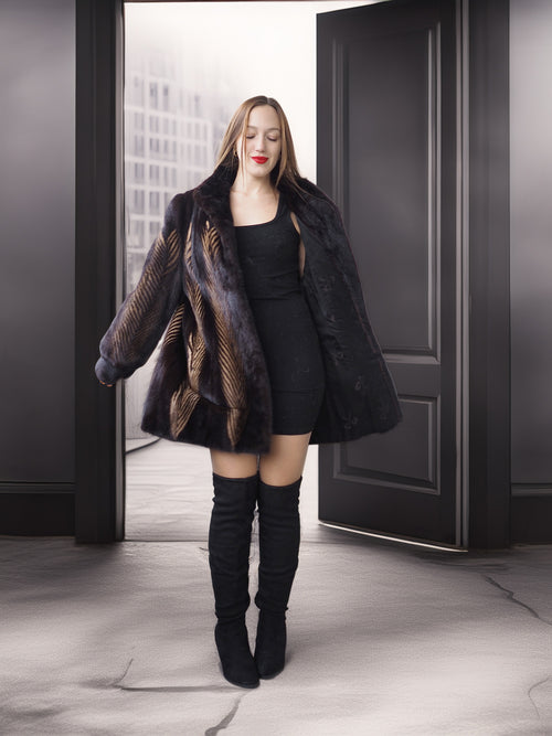 Woman in a dark coat and black boots standing in a doorway with a cityscape background