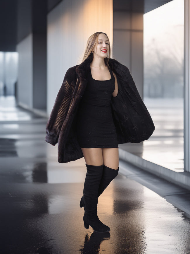 Woman in a black coat and dress standing in a modern indoor setting
