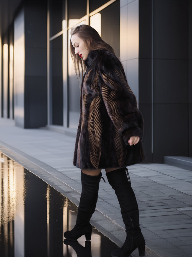 Woman in a dark fur coat and black knee-high boots standing near a reflective surface.
