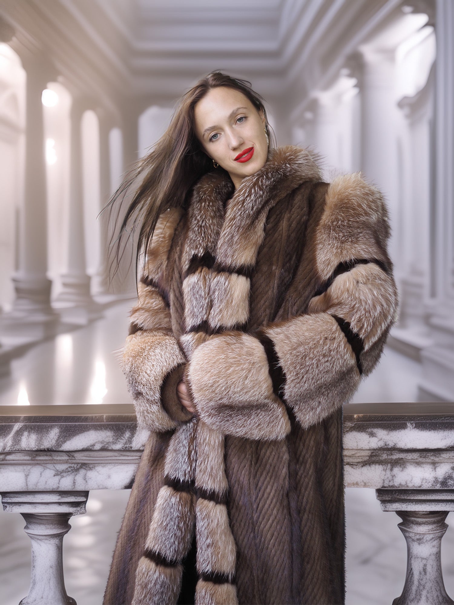 "The Aurelia" – Herringbone Mink & Crystal Fox Full-Length Coat – Modern Design