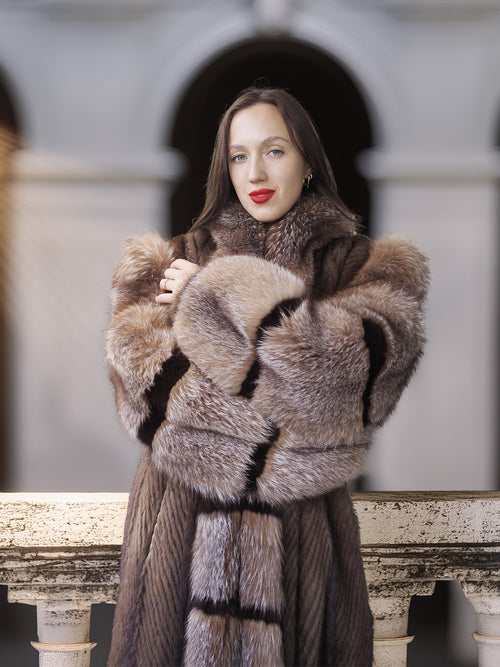 "The Aurelia" – Herringbone Mink & Crystal Fox Full-Length Coat – Modern Design