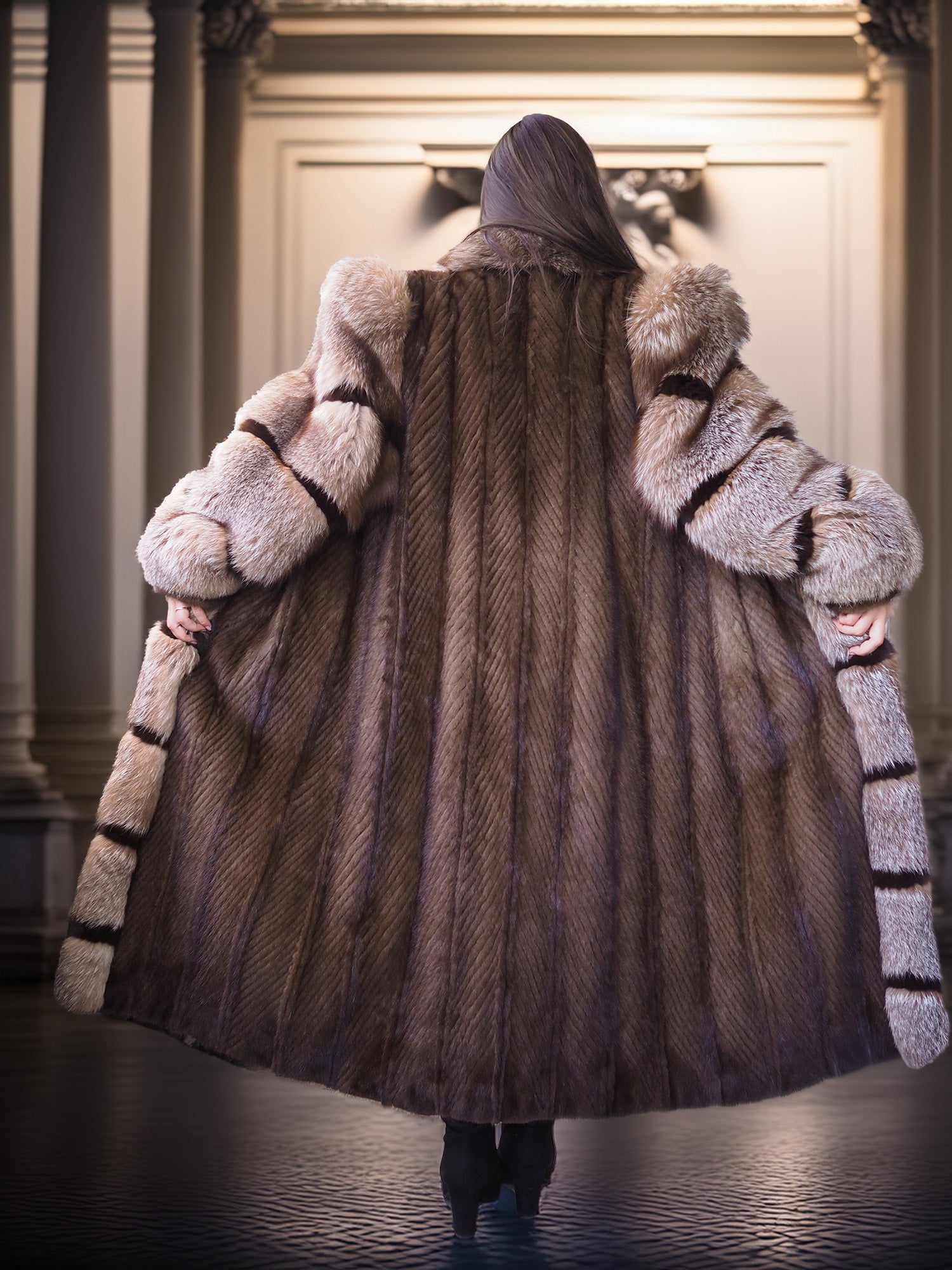 "The Aurelia" – Herringbone Mink & Crystal Fox Full-Length Coat – Modern Design