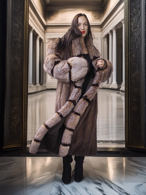 "The Aurelia" – Herringbone Mink & Crystal Fox Full-Length Coat – Modern Design