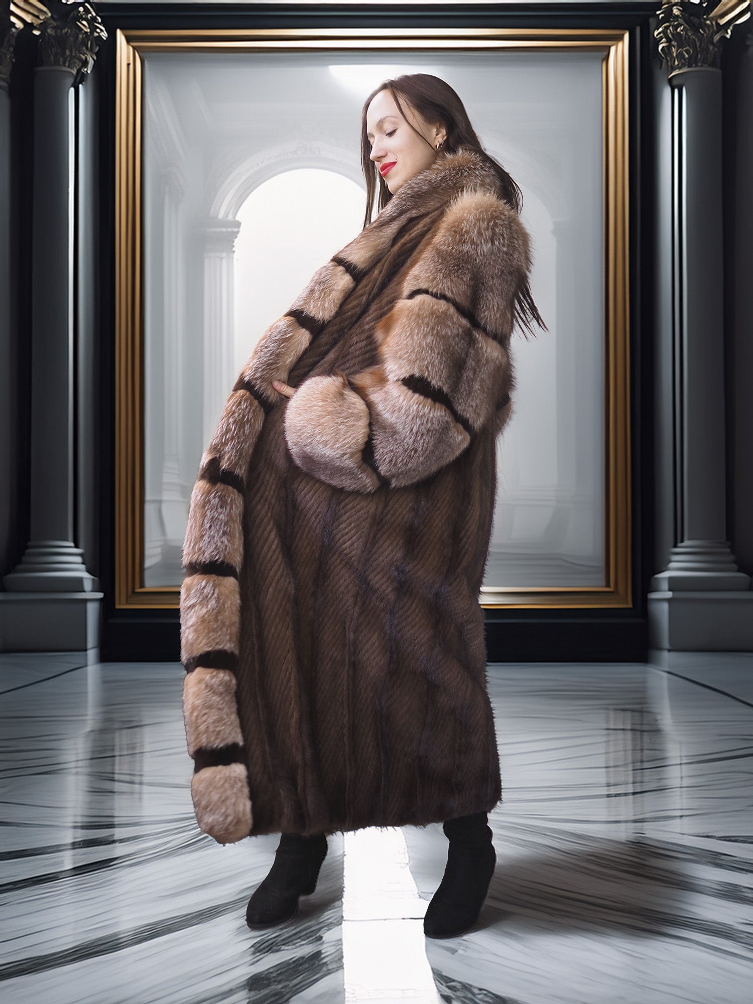 "The Aurelia" – Herringbone Mink & Crystal Fox Full-Length Coat – Modern Design