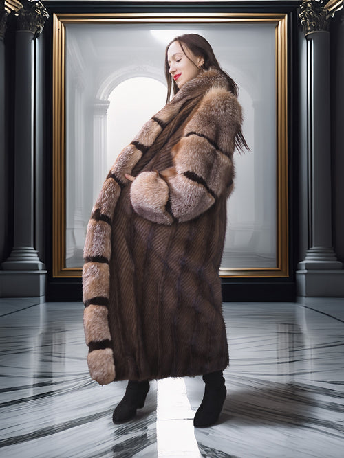 "The Aurelia" – Herringbone Mink & Crystal Fox Full-Length Coat – Modern Design