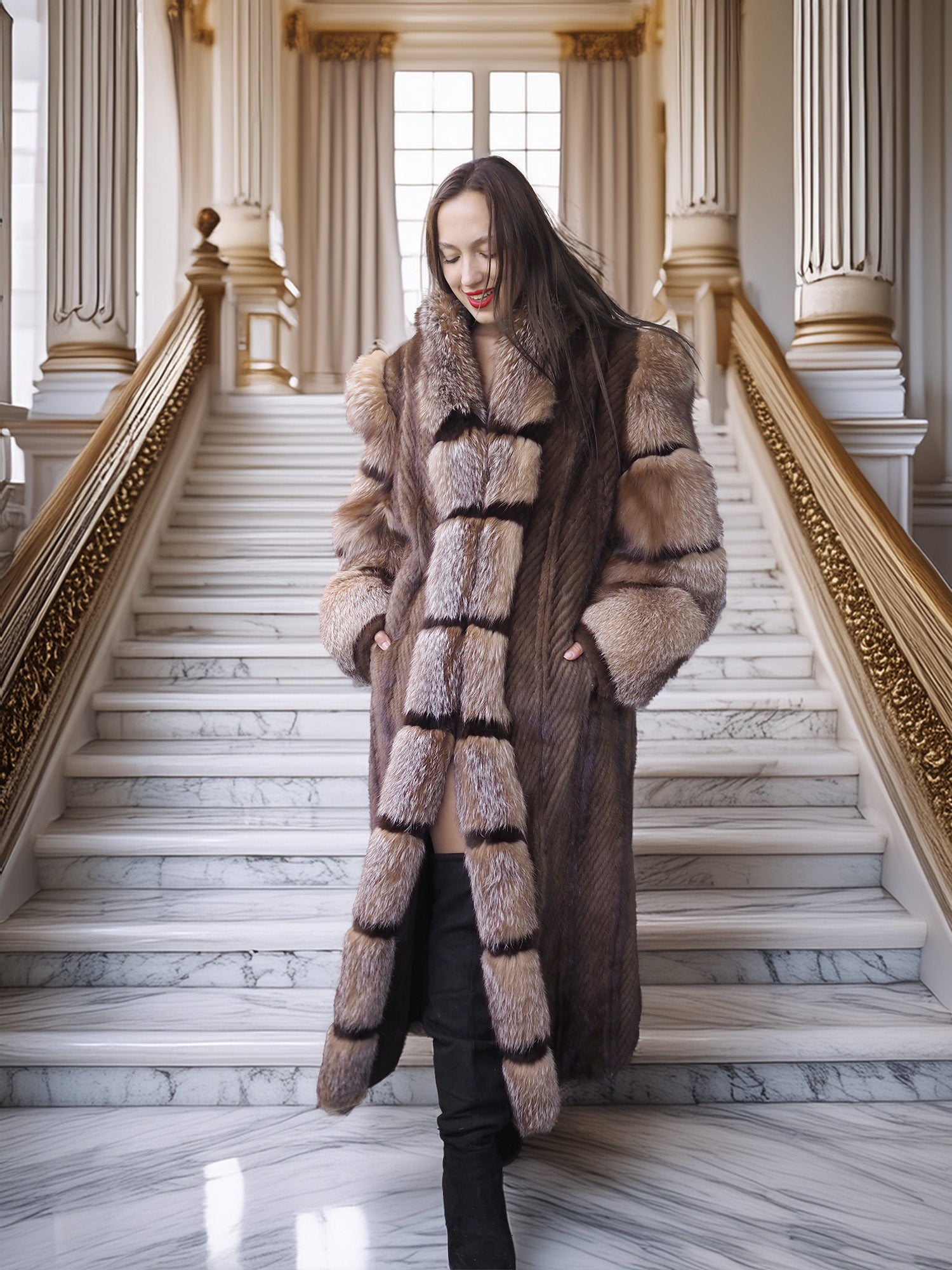 "The Aurelia" – Herringbone Mink & Crystal Fox Full-Length Coat – Modern Design