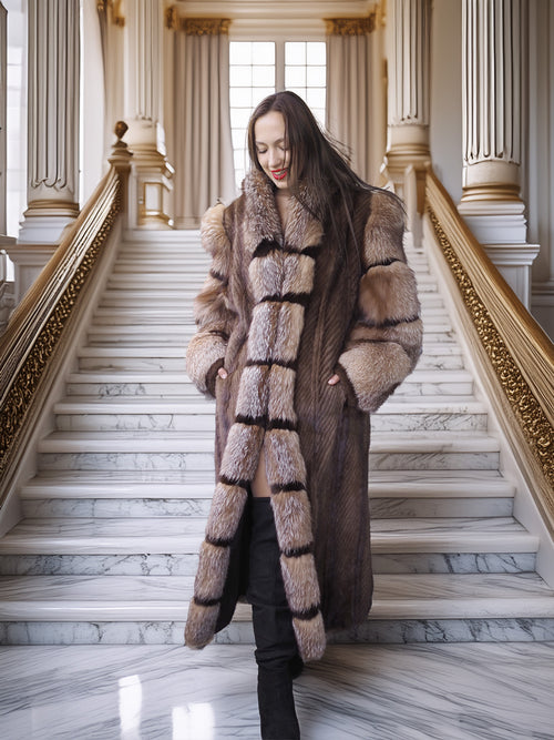 "The Aurelia" – Herringbone Mink & Crystal Fox Full-Length Coat – Modern Design