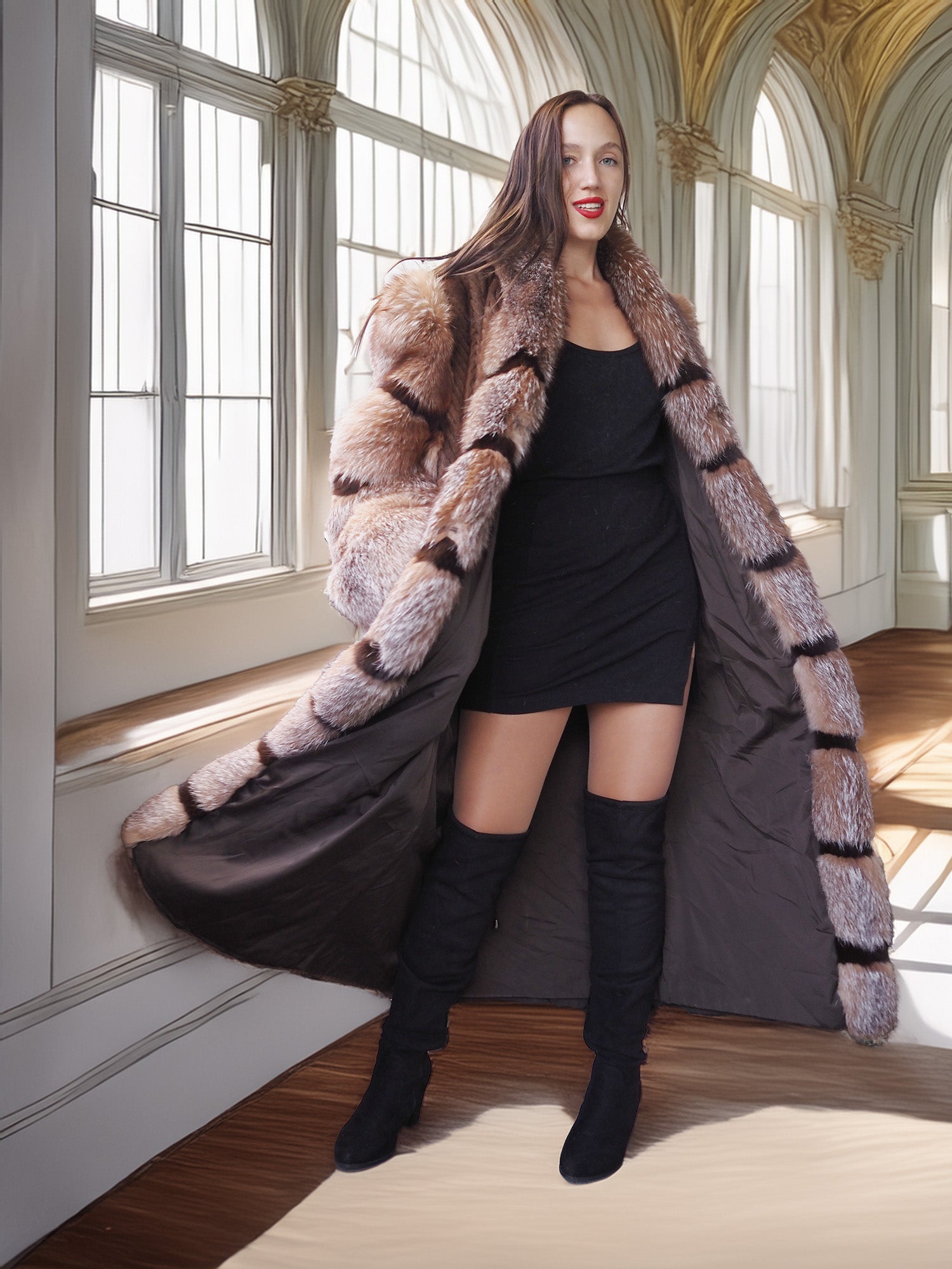 "The Aurelia" – Herringbone Mink & Crystal Fox Full-Length Coat – Modern Design