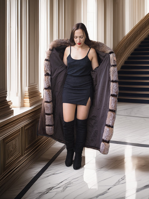 "The Aurelia" – Herringbone Mink & Crystal Fox Full-Length Coat – Modern Design