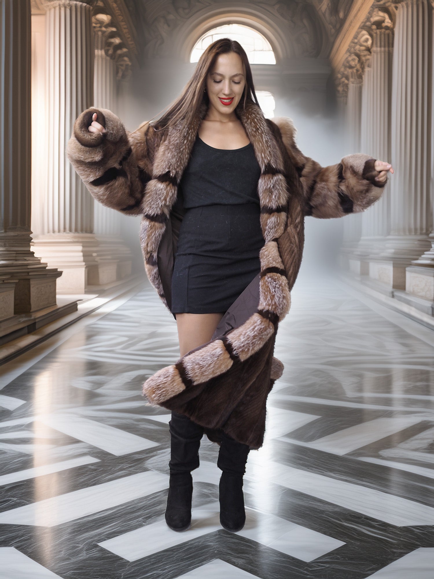 "The Aurelia" – Herringbone Mink & Crystal Fox Full-Length Coat – Modern Design
