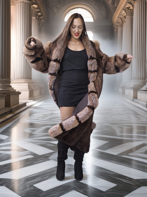 "The Aurelia" – Herringbone Mink & Crystal Fox Full-Length Coat – Modern Design