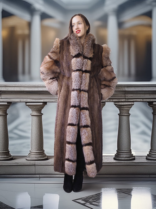 "The Aurelia" – Herringbone Mink & Crystal Fox Full-Length Coat – Modern Design