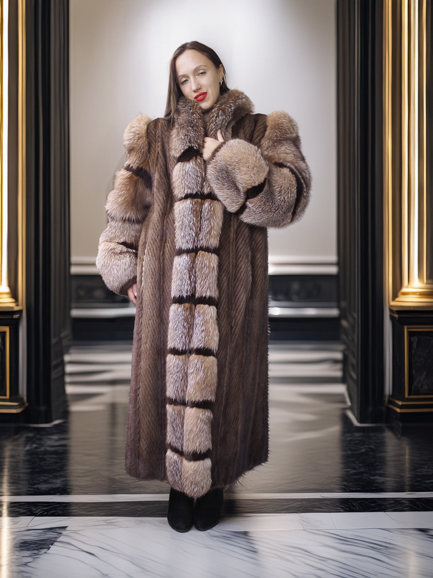 "The Aurelia" – Herringbone Mink & Crystal Fox Full-Length Coat – Modern Design