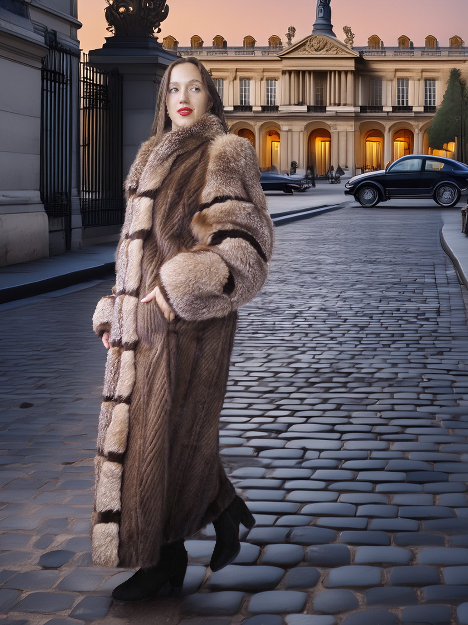 "The Aurelia" – Herringbone Mink & Crystal Fox Full-Length Coat – Modern Design