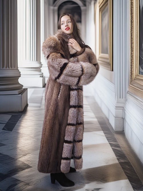 "The Aurelia" – Herringbone Mink & Crystal Fox Full-Length Coat – Modern Design