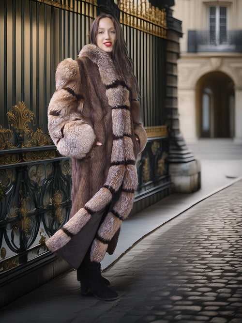"The Aurelia" – Herringbone Mink & Crystal Fox Full-Length Coat – Modern Design